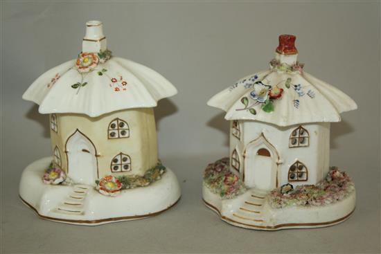 Five Staffordshire porcelain toll house pastille burners, c.1835, height 8.5 - 17cm